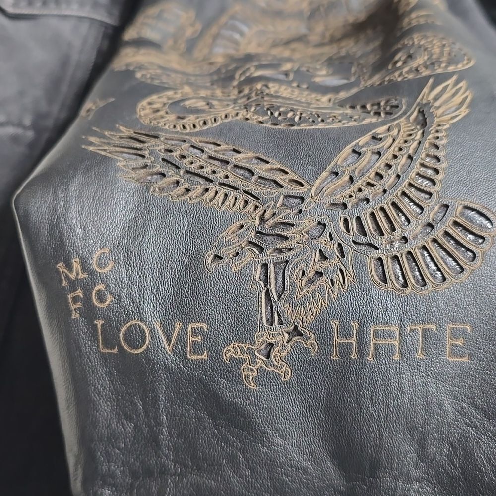 John Richmond - Denim and Laser Cut Leather Jacket in Black Large - Picture 12 of 16